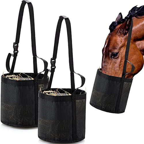 2 Pcs Horse Feed Bag, Heavy Duty Mesh Feeder with Adjustable Strap, Black