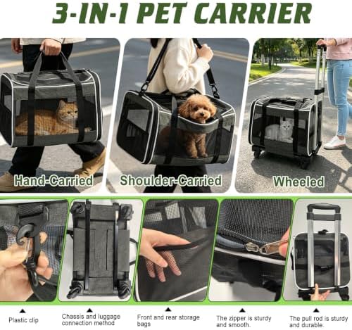 Cat Carriers Dog Pet Carrier for Small Cats Puppies(Up to 33lbs), 16.5x11x11 Inch Airline Approved Pet Carrier with Removable Wheels, Collapsible Travel Carrier with Shoulder Strap