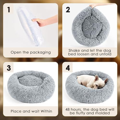 Dogs Bed for Small Dogs, Anti-Anxiety Washable Round Bed (24in Light Grey)