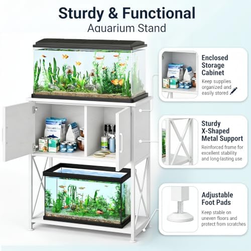 Herture 20-29 Gallon Aquarium Stand Metal Frame Fish Tank Stand with Cabinet Storage, for 20 Gallon Long Aquarium,30.7" L*16.5" W Tabletop,330LBS Capacity White PG01YGW