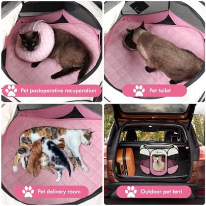 Siedihit Dog Cat Pet Playpen Tent Crate Cage with Washable Pad, Medium Pink