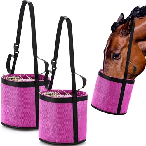 2 Pcs Horse Feed Bag, Heavy Duty Mesh Feeder with Adjustable Strap, Pink
