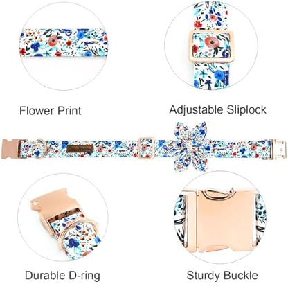 Dog Collar-Flower Print Adjustable Cute Pet Collar Soft Blue Floral Dog Collars with Flower Durable Cotton Metal Buckle Puppy Collar Gift for Large Dogs