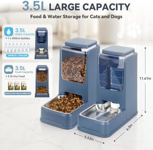 2 Pack Automatic Cat Feeder Stainless Steel Gravity Food and Water Dispenser for Small Medium Kitten Puppy Pets (Blue)