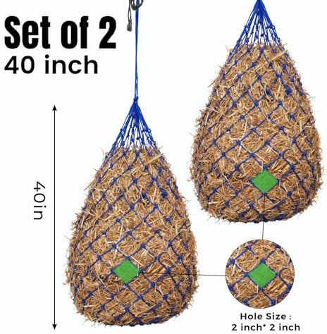 Slow Feed Hay Nets for Horses, 2 Pack, 40 Inch, 2 Inch Holes, Blue