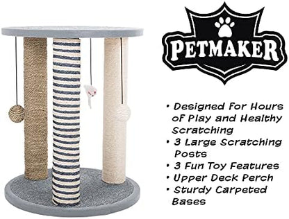 Cat Scratching Post - 3 Scratcher Posts with Carpeted Scratch Pad Base and Perch - Furniture Scratching Deterrent for Indoor Cats by PETMAKER (Gray)