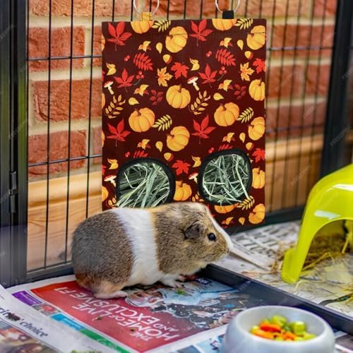 JarThenaAMCS 2 Pcs Fall Rabbit Hay Feeder Bag with 2 Holes 11.5 x 9 Inch Maple Leaves Pumpkin Guinea Pig Hanging Hay Feeding Bag Storage Dispenser for Autumn Hamster Bunny Small Animal Pet