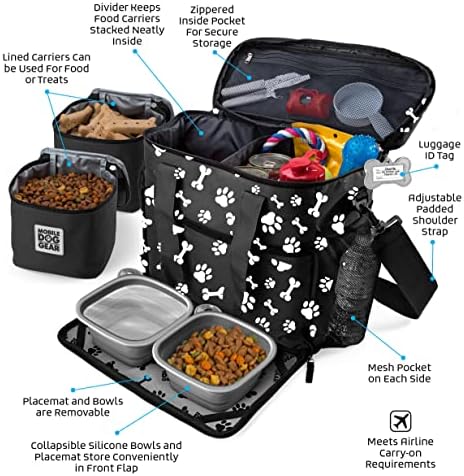 Week Away Dog Travel Bag (15"x7"x14", Paw Print) - Includes 2 Pet Food Storage Containers + 2 Collapsible Dog Water Bowls - Airline Approved Travel Accessories, Great for Weekend Trips
