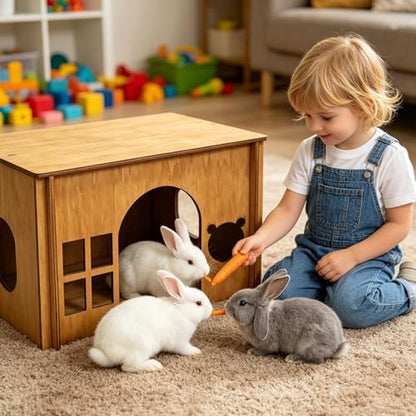 Large Sturdy Wooden Rabbit Castle Hideout with Spacious Balcony, Detachable Bunny Playhouse Hideaway Cage Accessories, Indoor Habitat Toys for Guinea Pig Chinchilla Hamster Gerbil Small Animals