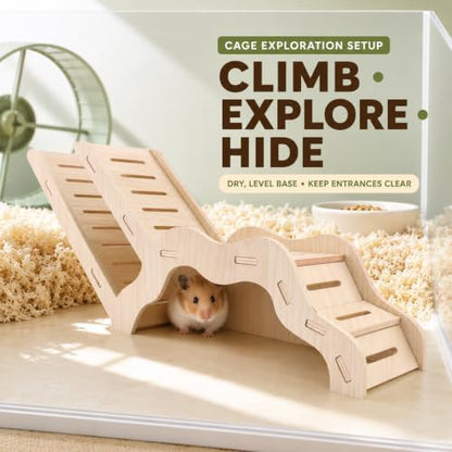 Large Size Syrian Hamster Explorer Set - Snap-Together Wooden Burrow with Panoramic Window,Natural Chew-Safe Design Decorative Landscaping Digging Peeping Hide Underground Fun for Cage Enrichment