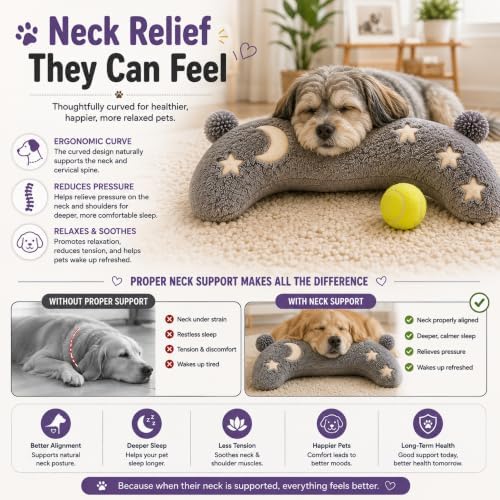Glow in The Dark Pet Pillow with Tennis Ball – Cozy Calming Cushion with Soft Night Sky Design, Washable Headrest & Body Pillow for Small Dogs & Cats, L Size 15" × 9.5" × 3.1"