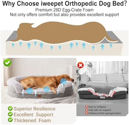 iweepet Fluffy Calming Orthopedic Dog Beds for Medium & Large Dogs, Supportive Dog Sofa Bed with 3.7 inch 28D Egg-Crate Foam, Removable Washable Plush Cover, Waterproof Lining, 41'',Grey