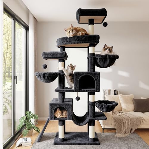 SHA CERLIN 82 inch Cat Tree Tower, Multi-Level Cat Condo with Plush Perches, Sisal Scratching Posts, Hammock and Toys, Stable Cat Tower for Kittens and Adult Cats, Dark Grey
