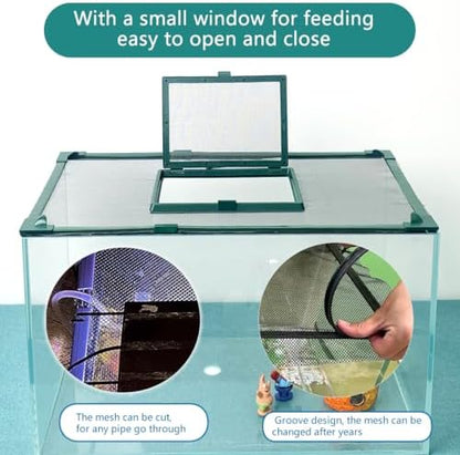 Magnetic Fish Tank Cover with Feeding Window Green Frame Grey Fiberglass Mesh, DIY Fish Tank Lid Adjustable Size Fit Tank Size Max 35''X19'' for Preventing Fish from Jumping Out and Reptile Escaping