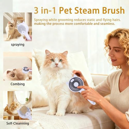 Pet Steam Brush for Cats & Dogs ，3-in-1 Pet Grooming Comb，Reduces Shedding, Soft Bristles, Promotes Healthy Coat-Comes - Includes Waterless Shampoo，White