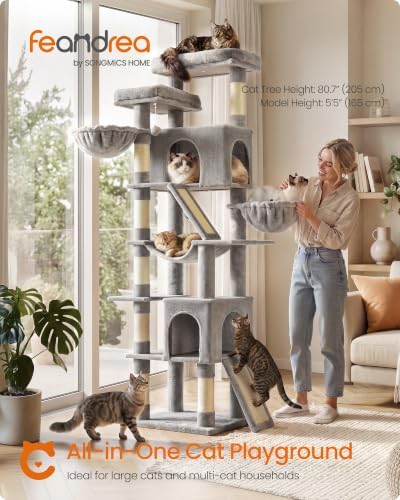 Feandrea Large Cat Tree, 81.1" Tall Sturdy Cat Tower for Indoor, Dove Gray