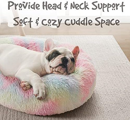 Friends Forever Donut Dog Bed Faux Fur Fluffy Calming Sofa For Small Dogs, Soft & Plush Anti Anxiety Pet Couch For Dogs, Machine Washable Coco Pet Bed with Non-Slip Bottom, 23"x23"x6" Rainbow