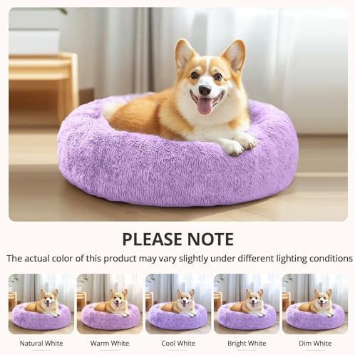 JOLLYVOGUE Calming Dog Bed Medium Size Dog, 31in Donut Washable Medium Pet Bed, Anti-Slip & Anti-Anxiety Fluffy Faux Fur Round Dogs Bed, Fits up to 45 lbs Pets (Purple)
