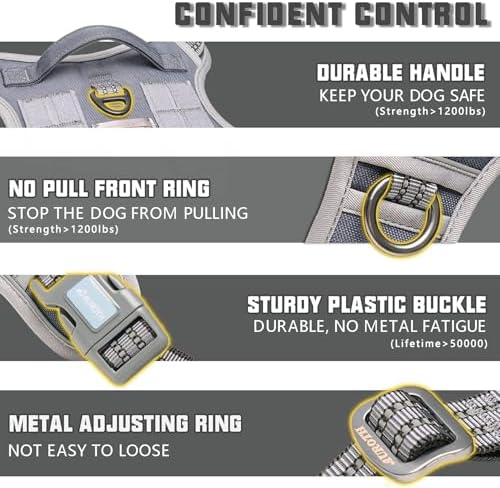 Auroth Tactical Dog Harness for Small Medium Dogs No Pull Adjustable Pet Harness Reflective K9 Working Training Easy Control Pet Vest Military Service Dog Harnesses Grey M