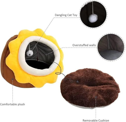 Cat Beds for Indoor Cats - Small Cat Bed with Anti-Slip Bottom, Sunflower-Shaped Cat/Dog Cave with Hanging Toy, Puppy Bed with Removable Cotton Pad, Super Soft Calming, Multiple Sizes(Brown L)