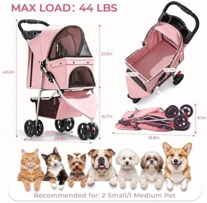 Pet Stroller for Small Medium Cats Dogs, 3-Wheel, One-Click Foldable