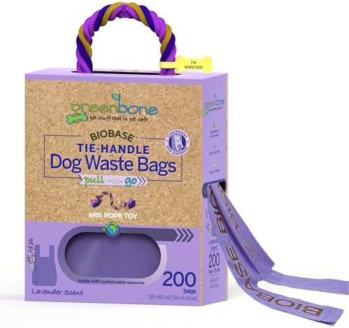 Greenbone Poop Bags for Dogs with Handles Lavender Scent Purple with Bonus Rope Pet Toy, 200 Count on Single Roll, Plant Based