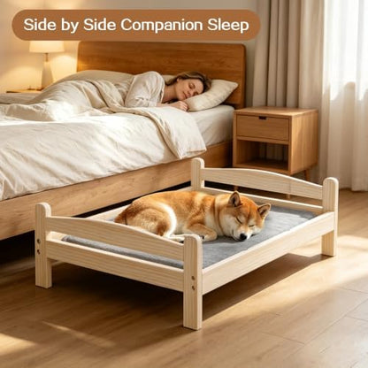 Elevated Dog Bed with Mat for Medium Dogs,Solid Wood,Spine-Friendly Design