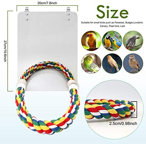 Stainless Steel Bird Cage Mirror, Parakeet Mirror with Rope Perch, 10.6 in