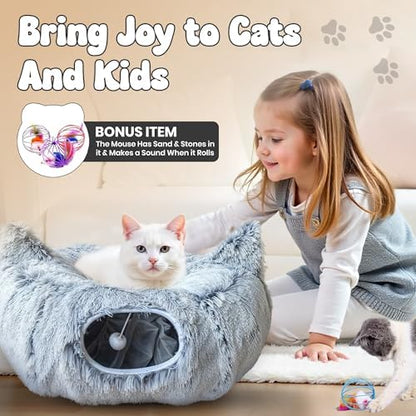 Cat Donut Tunnel Bed with 3pcs Mouse Ball Toy - Cat Tunnel for Under Christmas Tree & Cat Tunnel Bed Cave - Soft cat cave Bed – 3-in-1 Cat Tunnels for Indoor Cats, Kittens, Puppies, Rabbits (Grey)