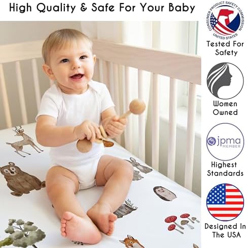 Sweet Jojo Designs Baby Fitted Mini Crib Sheet (Woodland Animals) for Girls or Boys, Newborn/Infant Nursery, Play Yards, Portable Cribs (Gender Neutral, Forest Animal Friends, Bear, Deer, Watercolor)