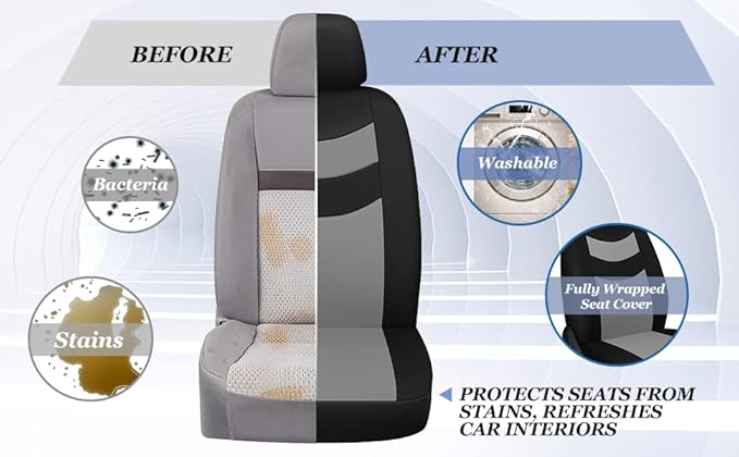 Universal Car Seat Covers for Front Seats, Cloth Front Car Seat Cover, Easy to Install, Breathable and Washable Universal Interior Covers for Auto, SUV, Sedan, Van, Airbag Compatible, Black & Grey