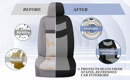 Universal Car Seat Covers for Front Seats, Cloth Front Car Seat Cover, Easy to Install, Breathable and Washable Universal Interior Covers for Auto, SUV, Sedan, Van, Airbag Compatible, Black & Grey