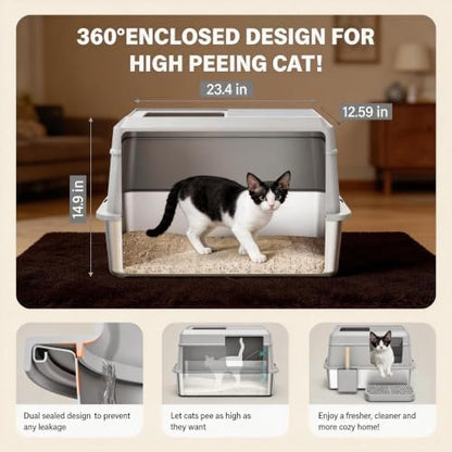 Extra Large Enclosed Stainless Steel Litter Box with Lid，Side Entry Top Exit High Sided Metal Cat Litter Pan，Non-Stick Easy Cleaning Anti-Urine Leakage for Big Cats，Includes Scoop & Step, Grey