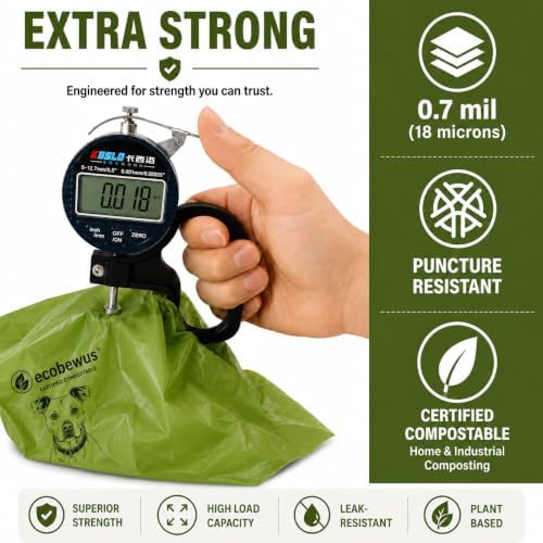 Certified Compostable Handle-Tie Dog Waste Bags (240 Bags), 16 Refill Rolls, Plant-Based Cornstarch, ASTM D6400 & EN 13432, TÜV OK Compost HOME Certified