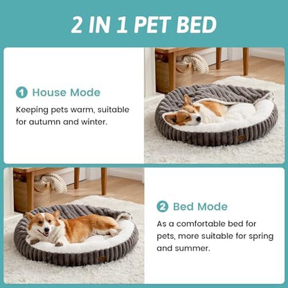 Dog Bed with Hooded Blanket, Round Fluffy Anti-Anxiety Pet Bed for Small Dogs & Medium Dogs, Cozy Donut Cuddler with Machine Washable Faux Fur & Anti-Slip Bottom(26"×26"×7",Grey)
