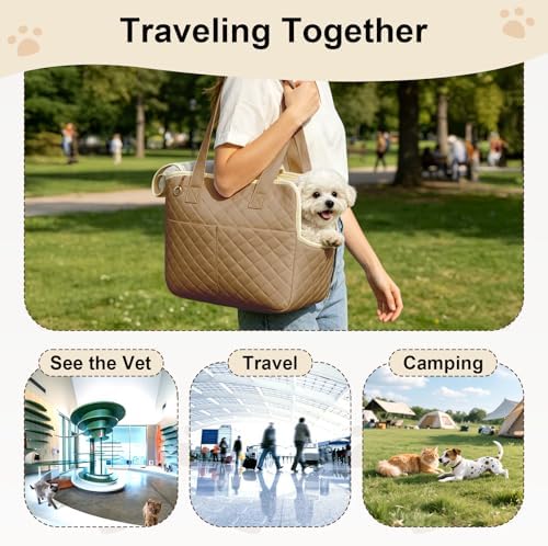 YooxArmor Dog Purse Carrier for Small Dogs & Cats, Foldable Soft Tote for 5-14lbs Pets, Large Pockets, Safety Leash & Removable Mat for Walking Shopping Outdoor, Khaki