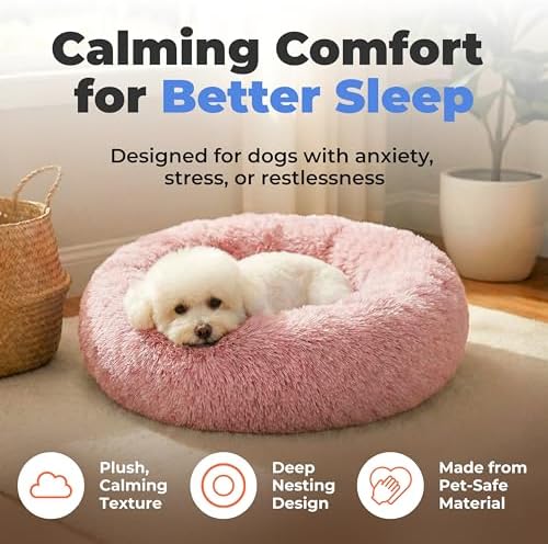 Best Pet Supplies Round Calming Dog Bed for Small, Medium & Large Dogs, Plush Donut Cuddler Pet Bed w/Raised Rim for Head, Neck Support, Anti-Slip Bottom Washable Bed - Pink, 20 x 20 x 6