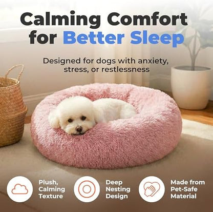 Best Pet Supplies Round Calming Dog Bed for Small, Medium & Large Dogs, Plush Donut Cuddler Pet Bed w/Raised Rim for Head, Neck Support, Anti-Slip Bottom Washable Bed - Pink, 24 x 24 x 7