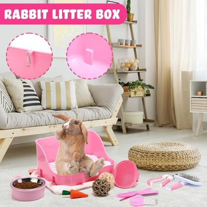 Reallnaive 15 Pcs Rabbit Starter Kit Small Rabbit Litter Box Girls Gift Animal Grooming Kit Bunny Toys Bowl Blankets with Cleaning Set for Guinea Pig Accessories(Pink)