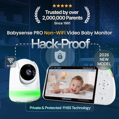 Babysense PRO Non-WiFi Full HD 5.5" Split Screen Baby Monitor with Camera and Audio, 6-Color Night Light, White Noise, Sound & Light Machine, 20-Hour Battery, Hack-Proof Secure Connection