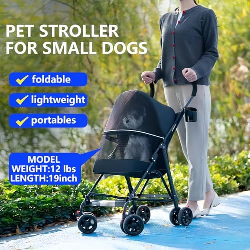 Cat Stroller Foldable Lightweight for Small Dogs Cats 0-15 lb Black