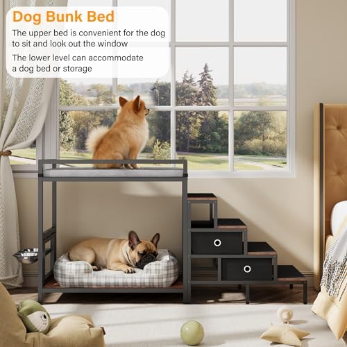 kepptory Dog Window Perch with 360° & Adjustable Raised Feeder, Pet Stairs Ramp with Stairs and Storage, Pet Bunk Bed with Small Pet Step