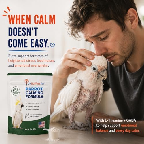 UnRuffledRx Parrot Calming Supplement, L-Theanine & GABA Powder for Fireworks & Travel, Parrots, Cockatiels & Parakeets, 3 oz