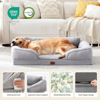 XL Orthopedic Dog Bed for Large Dogs, Waterproof Egg-Crate Foam Pet Couch Bed with Sided Soft Bolsters, 42"x32" Supportive Non-Slip Dog Sofa with Removable Washable Cover, Light Gray