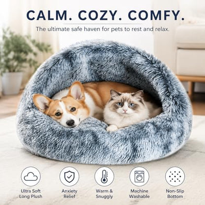 Calming Dog and Cat Cave Bed with Hooded Cover, Faux Fur, Round, Removable Washable, Anti-Slip, for Small Medium Pets (16")