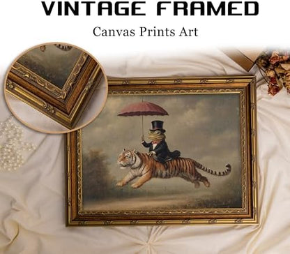 Vintage Gold Framed Whimsical Animal Wall Art, Gentleman Frog Riding Tiger Oli Painting Canvas Print, Antique Quirky Wall Decor, Anthropomorphic Fantasy Picture Poster Artwork for Bedroom Living Room