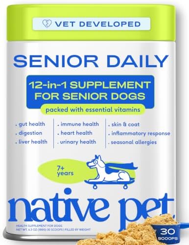 Native Pet Senior Daily Dog Vitamins & Supplements – 12-in-1 Dog Multivitamin Powder for Senior Dogs – Supports Mobility, Cognition, Digestion, Immune Health & More – 30 Scoops