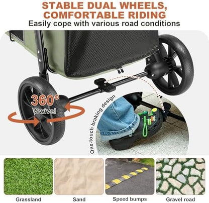 Medium Dog Stroller, Dual Entry One-Touch Folding,Small and Medium Pet Stroller,360° Rotating Front Wheels,80 lbs Weight Capacity for Outdoor Travel and Elderly Dogs - Green