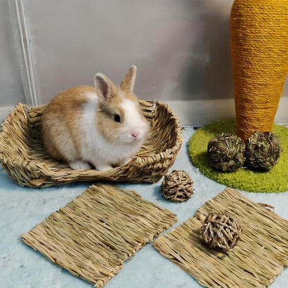 Hamiledyi Rabbit Grass Bed Natural Handmade Hay Mat Chew Balls for Drawf Rabbit Bunny Chinchilla Guinea Pig Ferret Hedgehog Rat
