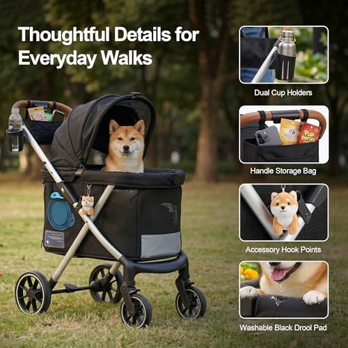 JWX Dog Stroller for Medium Dogs, 77 lb Capacity, One-Hand Fold, Black